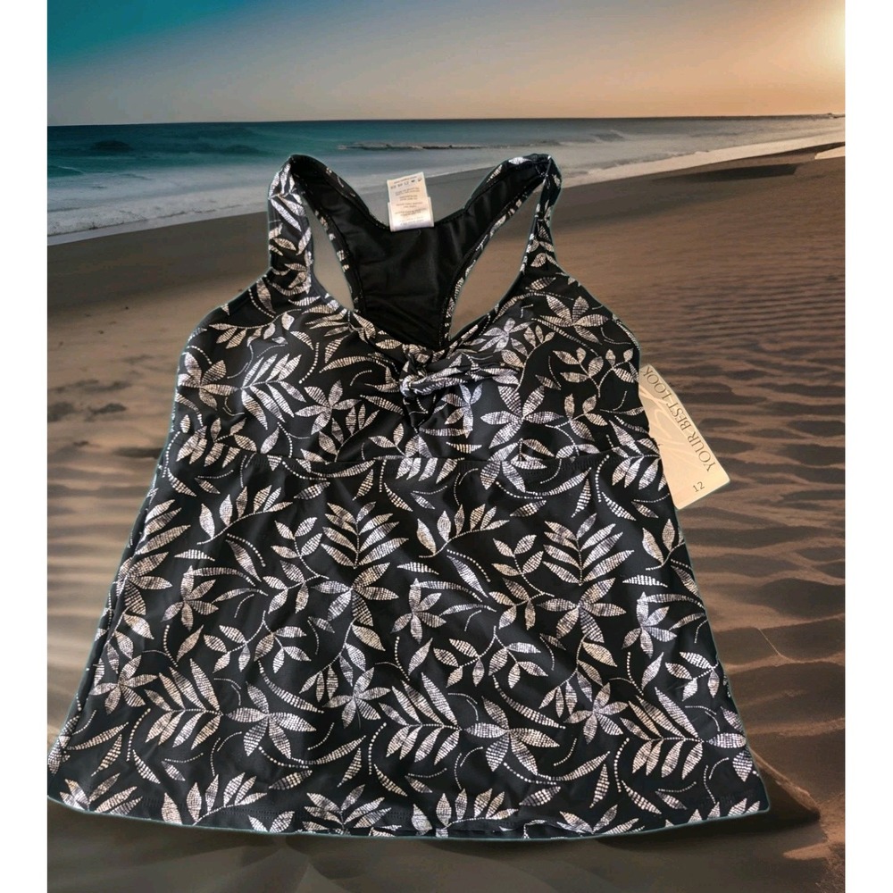 YBL Your Best Look Tankini Top Swimsuit Womens Size 12 Black White Leaves Bra